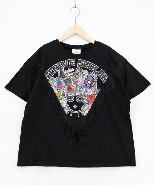ScoLar(スカラー)の「ScoLar(スカラー) フリンジ入り アメリカン風スカラーちゃんTシャツ(Tシャツ/カットソー・レディース・ブラック/オフホワイト・MEDIUM)」の2枚目の写真