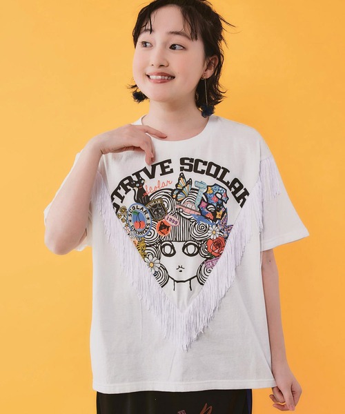 ScoLar(スカラー)の「ScoLar(スカラー) フリンジ入り アメリカン風スカラーちゃんTシャツ(Tシャツ/カットソー・レディース・ブラック/オフホワイト・MEDIUM)」の4枚目の写真