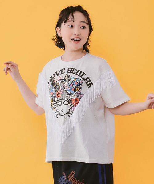 ScoLar(スカラー)の「ScoLar(スカラー) フリンジ入り アメリカン風スカラーちゃんTシャツ(Tシャツ/カットソー・レディース・ブラック/オフホワイト・MEDIUM)」の5枚目の写真