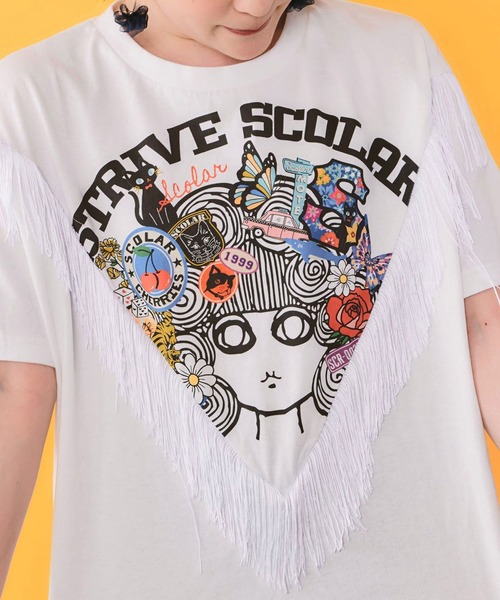 ScoLar(スカラー)の「ScoLar(スカラー) フリンジ入り アメリカン風スカラーちゃんTシャツ(Tシャツ/カットソー・レディース・ブラック/オフホワイト・MEDIUM)」の7枚目の写真