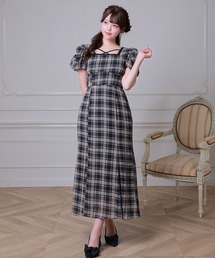 Anely（アネリー）の「チェック柄 バック リボン パフスリーブ ロング ワンピース（ワンピース）」