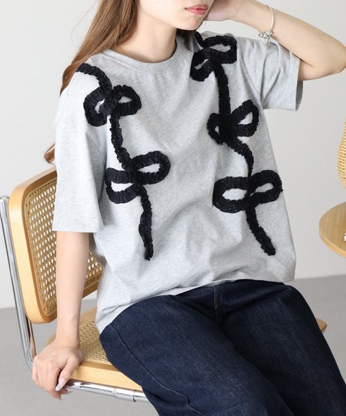 BARNDOOR(バーンドア)の「20/-天竺 フリルリボンTシャツ 26SS 半袖(Tシャツ/カットソー・レディース・ブラック/オフホワイト/杢グレー・FREE)」の3枚目の写真