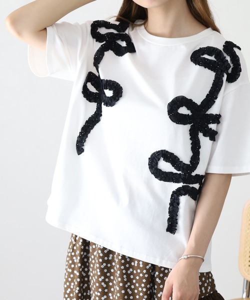 BARNDOOR(バーンドア)の「20/-天竺 フリルリボンTシャツ 26SS 半袖(Tシャツ/カットソー・レディース・ブラック/オフホワイト/杢グレー・FREE)」の1枚目の写真