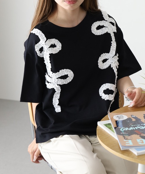 BARNDOOR(バーンドア)の「20/-天竺 フリルリボンTシャツ 26SS 半袖(Tシャツ/カットソー・レディース・ブラック/オフホワイト/杢グレー・FREE)」の2枚目の写真