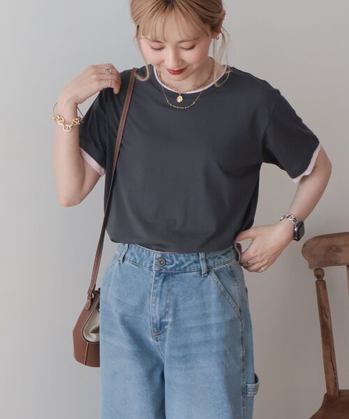 AMERICAN HOLIC(アメリカンホリック)の「配色レイヤード風シアーTシャツ(Tシャツ/カットソー・レディース・ブラウン/チャコールグレー/ライトグレー・L/M)」の6枚目の写真