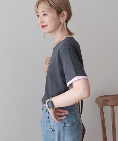 AMERICAN HOLIC(アメリカンホリック)の「配色レイヤード風シアーTシャツ(Tシャツ/カットソー・レディース・ブラウン/チャコールグレー/ライトグレー・L/M)」の7枚目の写真