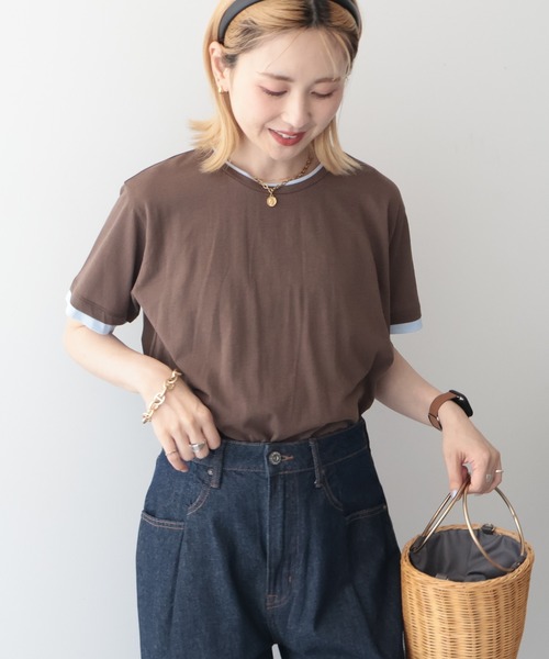 AMERICAN HOLIC(アメリカンホリック)の「配色レイヤード風シアーTシャツ(Tシャツ/カットソー・レディース・ブラウン/チャコールグレー/ライトグレー・L/M)」の5枚目の写真