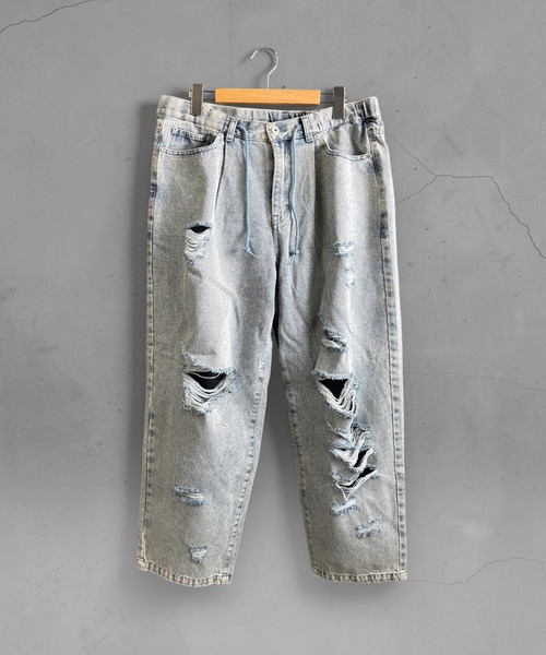 Starting Over(スターティングオーバー)の「【ユニセックス】12oz ヴィンテージライク ダメージ デニム ワイドバギーパンツ / グランジ・ストリート(デニムパンツ・メンズ・ブラック/グレー/ライトインディゴブルー・M/L/XL)」の3枚目の写真