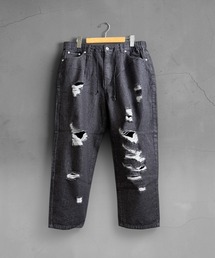 【ユニセックス】12oz ヴィンテージライク ダメージ デニム ワイドバギーパンツ / グランジ・ストリート