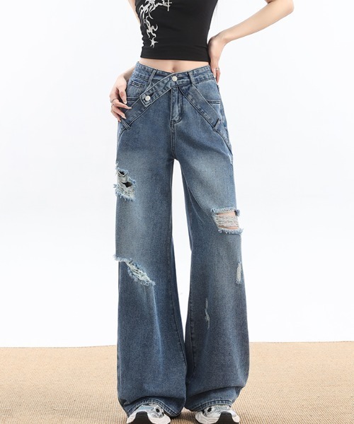 LUCPY（ラクピー）の「ダメージワイドデニムパンツ（デニムパンツ・レディース・ブルー・X-LARGE/MEDIUM/SMALL/X-SMALL）」の3枚目の写真