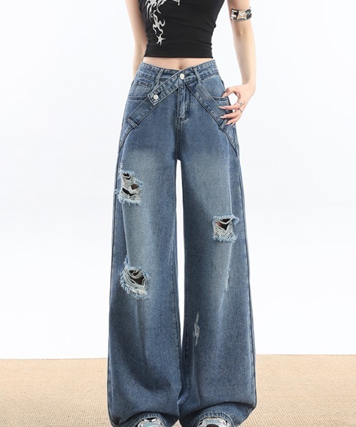 LUCPY（ラクピー）の「ダメージワイドデニムパンツ（デニムパンツ・レディース・ブルー・X-LARGE/MEDIUM/SMALL/X-SMALL）」の4枚目の写真