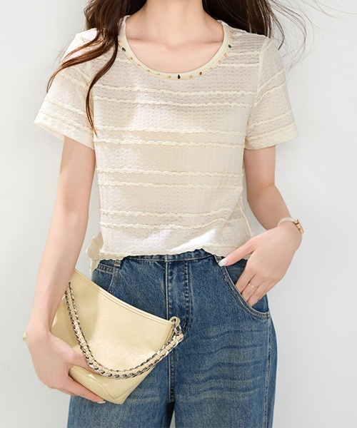 ONEP STAR(ワンピスター)の「ネック装飾パーツ半袖カットソー(Tシャツ/カットソー・レディース・ベージュ・X-LARGE/LARGE/MEDIUM)」の2枚目の写真