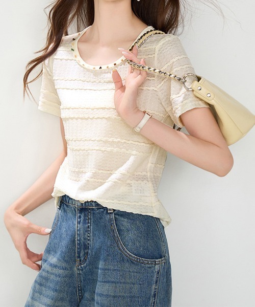 ONEP STAR(ワンピスター)の「ネック装飾パーツ半袖カットソー(Tシャツ/カットソー・レディース・ベージュ・X-LARGE/LARGE/MEDIUM)」の3枚目の写真