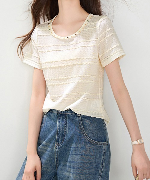 ONEP STAR(ワンピスター)の「ネック装飾パーツ半袖カットソー(Tシャツ/カットソー・レディース・ベージュ・X-LARGE/LARGE/MEDIUM)」の5枚目の写真