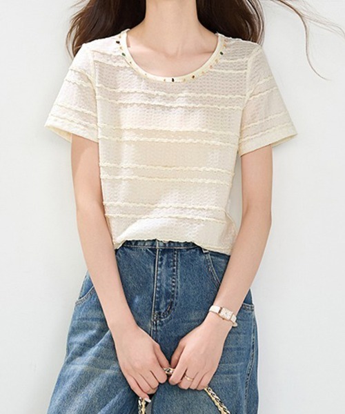ONEP STAR(ワンピスター)の「ネック装飾パーツ半袖カットソー(Tシャツ/カットソー・レディース・ベージュ・X-LARGE/LARGE/MEDIUM)」の7枚目の写真