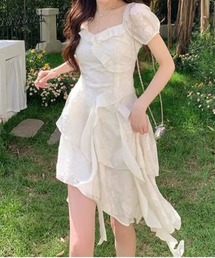 2WAYアシンメトリーパフスリーブ半袖ワンピース