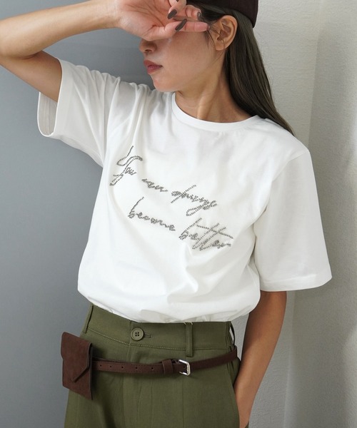 gossara(ゴサラ)の「【シンプルなのに印象的】ロゴビーズ刺繍T(Tシャツ/カットソー・レディース・オフホワイト/ブラウン/スミクロ/杢グレー・FREE)」の5枚目の写真