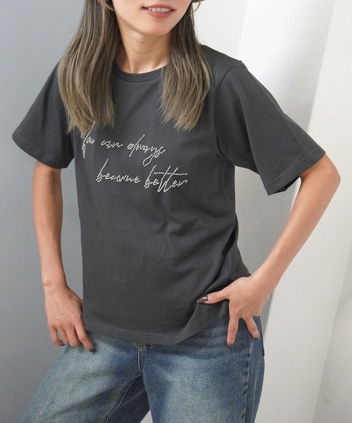 gossara(ゴサラ)の「【シンプルなのに印象的】ロゴビーズ刺繍T(Tシャツ/カットソー・レディース・オフホワイト/ブラウン/スミクロ/杢グレー・FREE)」の10枚目の写真