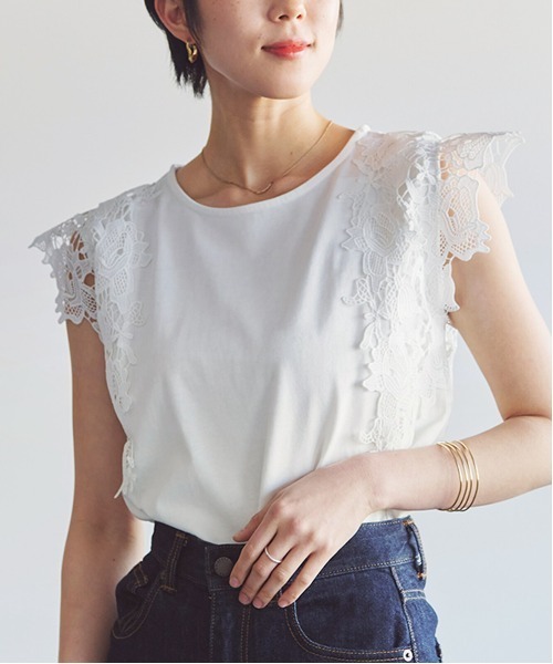 PREFERIR(プレフェリール)の「華やかレース切替 フレンチスリーブ 綿100% Tシャツ(Tシャツ/カットソー・レディース・ベージュ/ブラック/ホワイト・MEDIUM)」の2枚目の写真