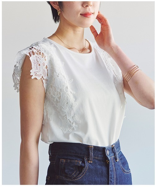 PREFERIR(プレフェリール)の「華やかレース切替 フレンチスリーブ 綿100% Tシャツ(Tシャツ/カットソー・レディース・ベージュ/ブラック/ホワイト・MEDIUM)」の14枚目の写真