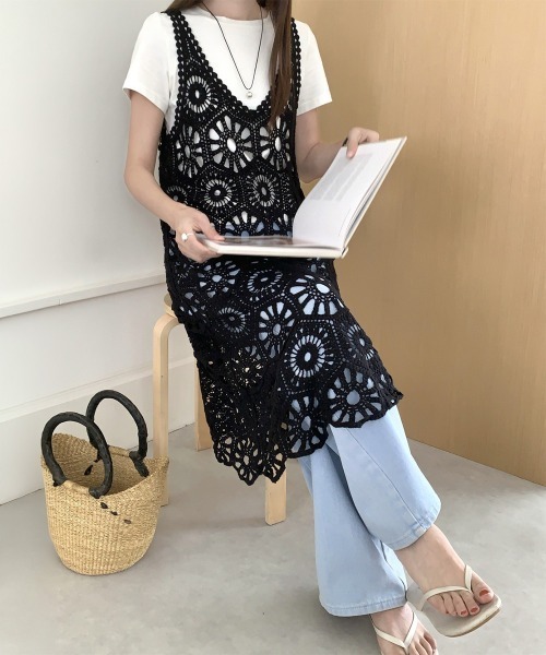 Miniministore（ミニミニストア）の「クロシェ編みキャミワンピースロングベスト（ワンピース・レディース・ホワイト/ブラック/ベージュ・FREE）」の5枚目の写真