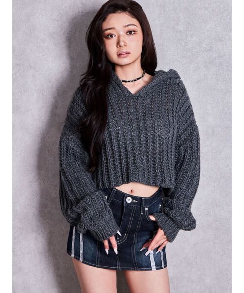 GYDA(ジェイダ)の「HANDニットライクショートHOODIE(ニット/セーター・レディース・チャコールグレー/ブラウン/アイボリー・FREE)」の13枚目の写真