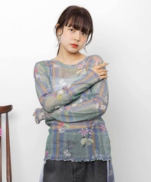 iS ScoLar（イズスカラー）の「562256：2柄展開 お花orチェック柄 ラメチュールインナー（Tシャツ/カットソー）」