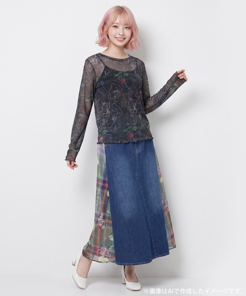 iS ScoLar(イズスカラー)の「562256:2柄展開 お花orチェック柄 ラメチュールインナー(Tシャツ/カットソー・レディース・ブラック/カーキ・M)」の10枚目の写真