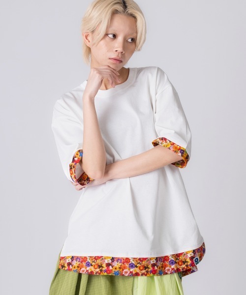 rehacer(レアセル)の「rehacer : Flower Layered Wide CS / ボタニカルレイヤード ワイドカットソー(Tシャツ/カットソー・レディース・ブラック/ホワイト・SMALL/MEDIUM)」の4枚目の写真