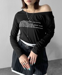 【万能トップス】レタリングボートネックロングTシャツ/長袖 透け感 シアー カットソー レタリング フロントデザイン ロゴ ワンショルダー ボートネック ルーズネック 2カラー ブラック パープル