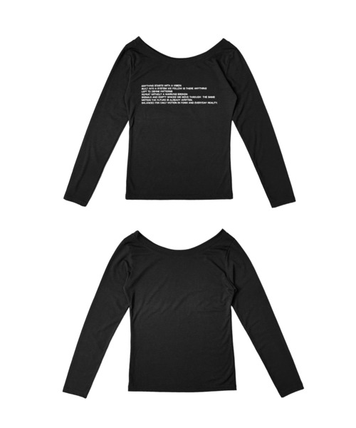 MATU:TA(マトゥータ)の「【万能トップス】レタリングボートネックロングTシャツ/長袖 透け感 シアー カットソー レタリング フロントデザイン ロゴ ワンショルダー ボートネック ルーズネック 2カラー ブラック パープル(Tシャツ/カットソー・レディース・ブラック/ダークパープル・FREE)」の19枚目の写真
