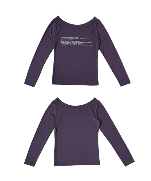 MATU:TA(マトゥータ)の「【万能トップス】レタリングボートネックロングTシャツ/長袖 透け感 シアー カットソー レタリング フロントデザイン ロゴ ワンショルダー ボートネック ルーズネック 2カラー ブラック パープル(Tシャツ/カットソー・レディース・ブラック/ダークパープル・FREE)」の20枚目の写真