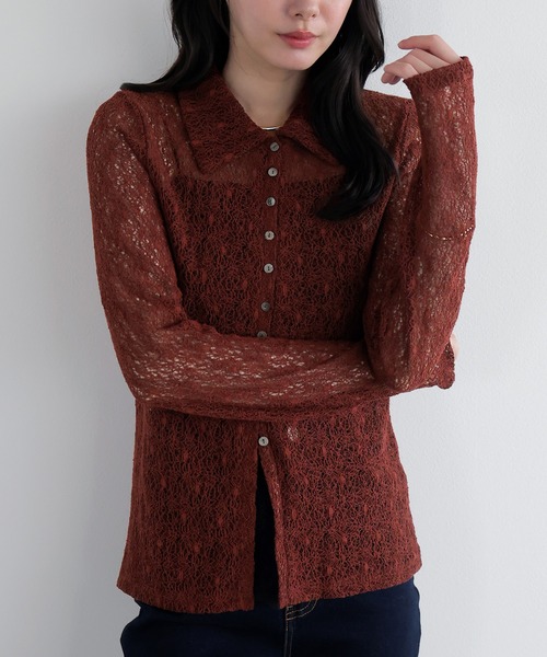 AMUU. PRECIEUSE(アムープレシューズ)の「レーシーネットポロカーディガン(カーディガン/ボレロ・レディース・ブラウン/ブラック/アイボリー/ボルドー・FREE)」の1枚目の写真
