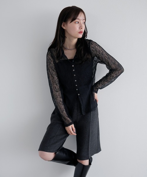 AMUU. PRECIEUSE(アムープレシューズ)の「レーシーネットポロカーディガン(カーディガン/ボレロ・レディース・ブラウン/ブラック/アイボリー/ボルドー・FREE)」の3枚目の写真