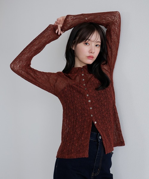 AMUU. PRECIEUSE(アムープレシューズ)の「レーシーネットポロカーディガン(カーディガン/ボレロ・レディース・ブラウン/ブラック/アイボリー/ボルドー・FREE)」の5枚目の写真