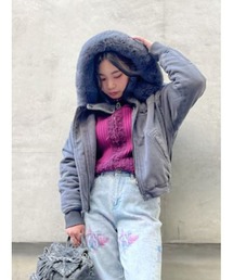 Fur hood denim bomber jacket / ファーフードデニムボンバージャケット