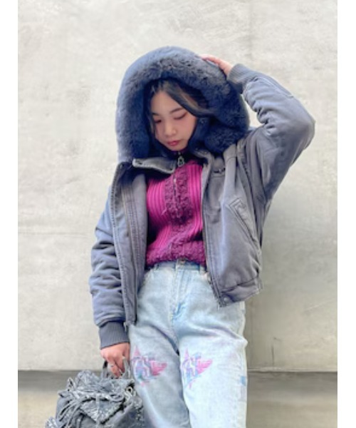 Desigual(デシグアル)の「Fur hood denim bomber jacket / ファーフードデニムボンバージャケット(ブルゾン・レディース・ブラック・S/M/L/XL)」の1枚目の写真