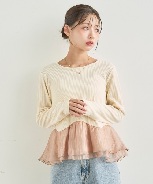 mil(ミル)の「ペプラム切替 シアーフリルドッキングトップス【588224】(Tシャツ/カットソー・レディース・チャコールグレー/ブラック/アイボリー・XS/S)」の1枚目の写真