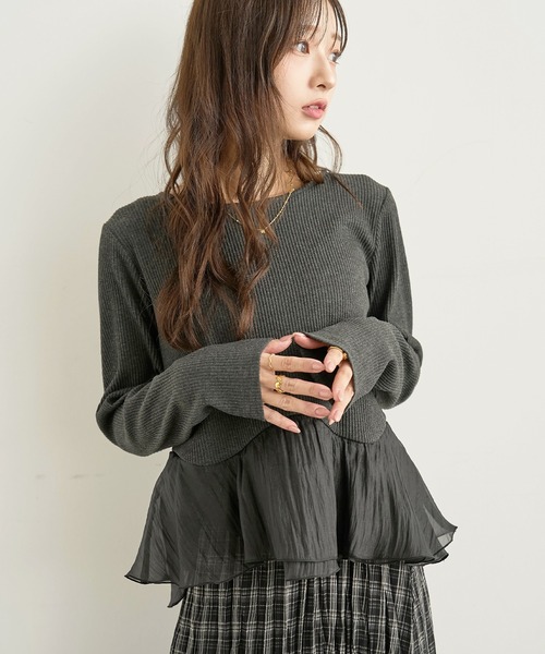 mil(ミル)の「ペプラム切替 シアーフリルドッキングトップス【588224】(Tシャツ/カットソー・レディース・チャコールグレー/ブラック/アイボリー・XS/S)」の10枚目の写真