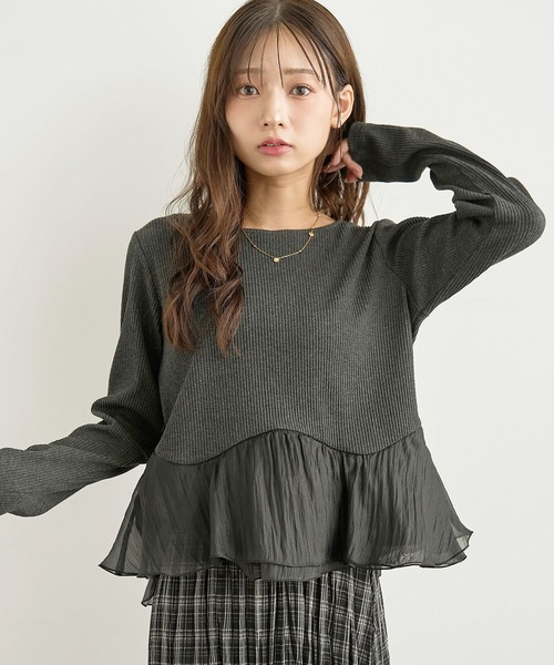 mil(ミル)の「ペプラム切替 シアーフリルドッキングトップス【588224】(Tシャツ/カットソー・レディース・チャコールグレー/ブラック/アイボリー・XS/S)」の4枚目の写真