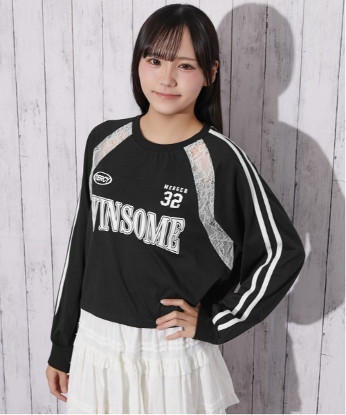 GORGE（ゴージ）の「レース切替 袖ラインロゴトップス｜全3色（Tシャツ/カットソー・レディース・オフホワイト/ブラック/ネイビー・F）」の2枚目の写真