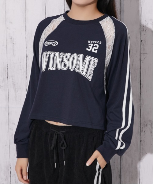 GORGE（ゴージ）の「レース切替 袖ラインロゴトップス｜全3色（Tシャツ/カットソー・レディース・オフホワイト/ブラック/ネイビー・F）」の14枚目の写真