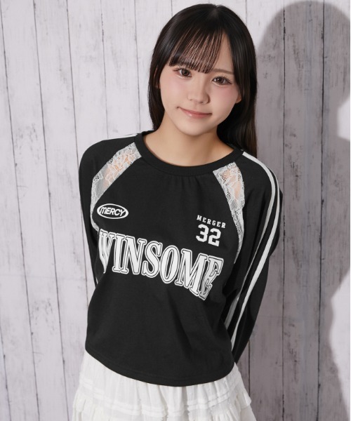 GORGE（ゴージ）の「レース切替 袖ラインロゴトップス｜全3色（Tシャツ/カットソー・レディース・オフホワイト/ブラック/ネイビー・F）」の4枚目の写真