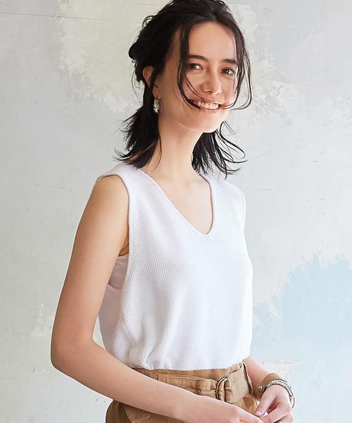 green label relaxing（グリーンレーベルリラクシング）の「KC HandWash A/C カノコ V/N NSニット◆（ニット/セーター・レディース・オフホワイト/オレンジ系その他/オリーブ・FREE）」の2枚目の写真