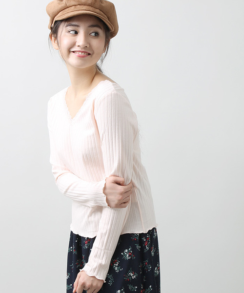 WEGO（ウィゴー）の「WEGO/レース付き2WAYリブロングスリーブカットソー（Tシャツ/カットソー・レディース・オフホワイト/ブラック/ライトピンク・FREE）」の3枚目の写真