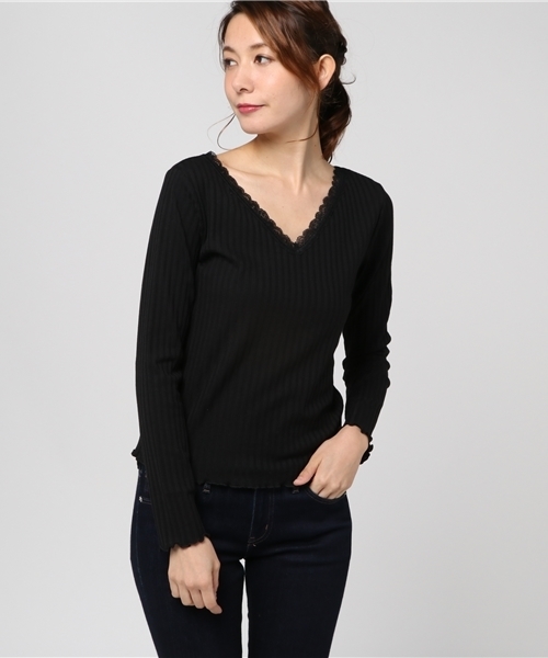 WEGO（ウィゴー）の「WEGO/レース付き2WAYリブロングスリーブカットソー（Tシャツ/カットソー・レディース・オフホワイト/ブラック/ライトピンク・FREE）」の16枚目の写真