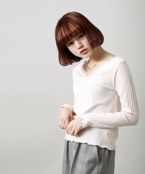 WEGO（ウィゴー）の「WEGO/レース付き2WAYリブロングスリーブカットソー（Tシャツ/カットソー・レディース・オフホワイト/ブラック/ライトピンク・FREE）」の15枚目の写真