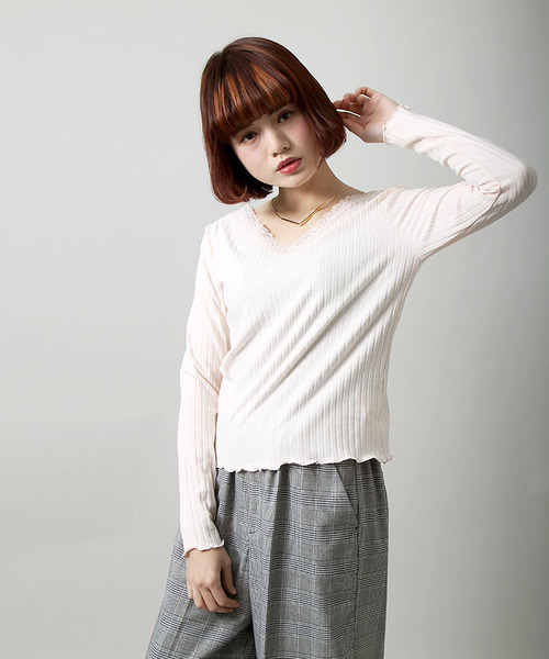 WEGO（ウィゴー）の「WEGO/レース付き2WAYリブロングスリーブカットソー（Tシャツ/カットソー・レディース・オフホワイト/ブラック/ライトピンク・FREE）」の18枚目の写真