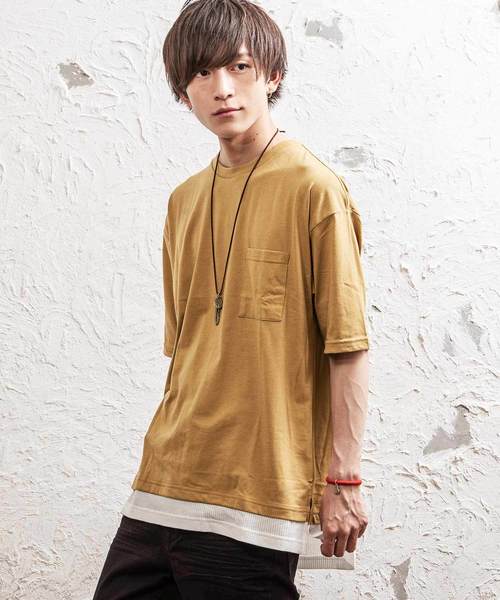 MinoriTY（マイノリティ）の「フェイクレイヤードビッグシルエット半袖Tシャツ カットソー クルーネック（Tシャツ/カットソー・メンズ・ブラック/オフホワイト/オリーブ/ピンク/キャメル・FREE）」の4枚目の写真