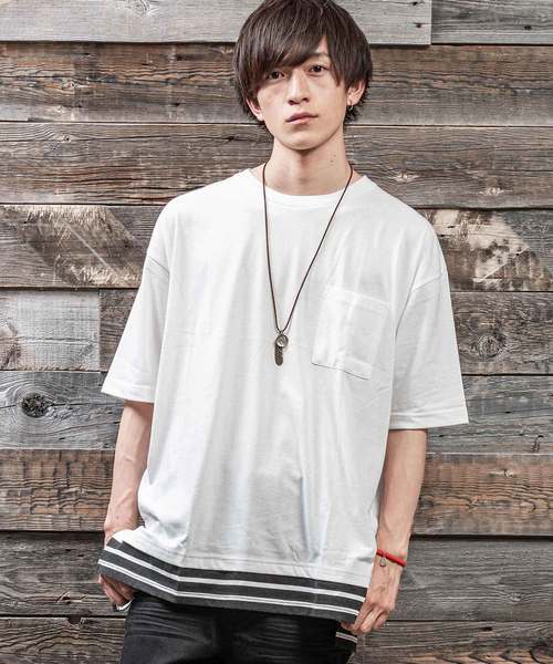 MinoriTY（マイノリティ）の「フェイクレイヤードビッグシルエット半袖Tシャツ カットソー クルーネック（Tシャツ/カットソー・メンズ・ブラック/オフホワイト/オリーブ/ピンク/キャメル・FREE）」の2枚目の写真